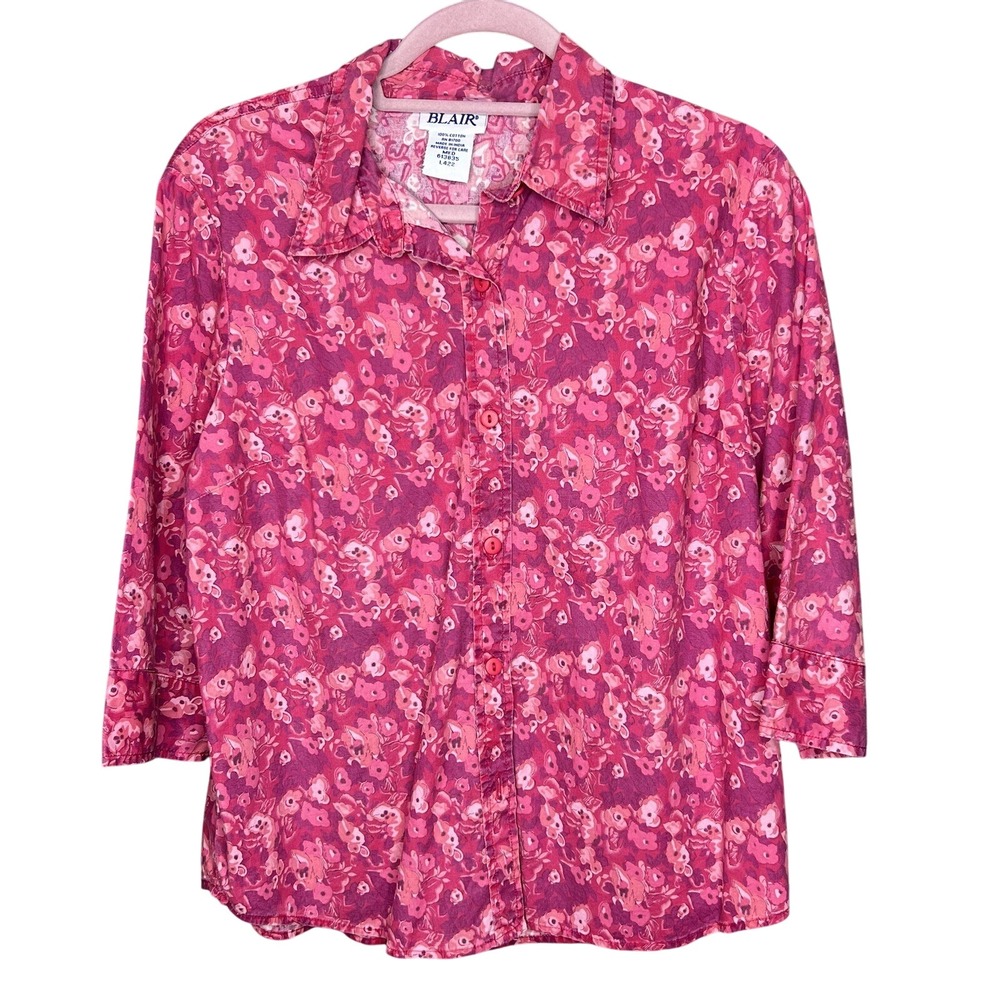 Blair Pink Floral Cotton Button Down Shirt 3/4 Sleeve Womens Medium